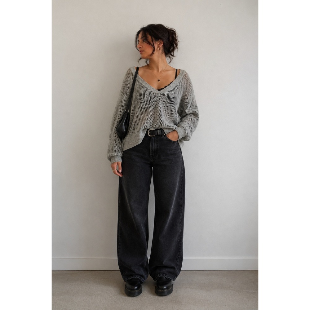 NIC+ZOE Light Gray Open Knit V-Neck Sweater Large Metallic High Low Hem